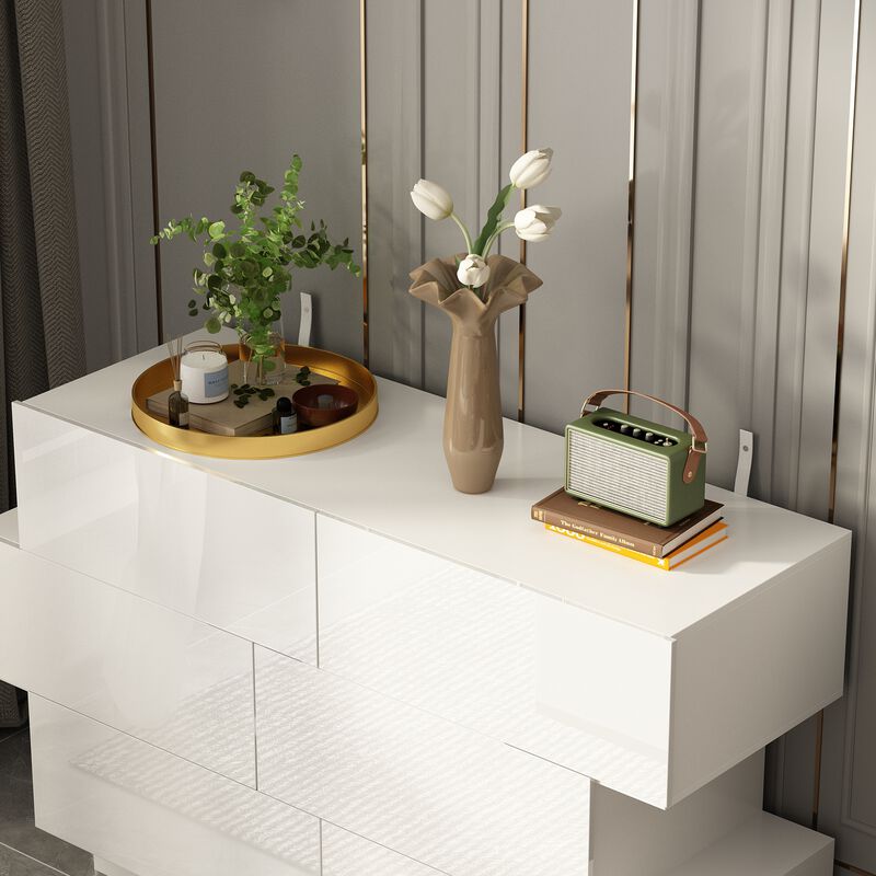 16.1 in. D x 30.7 in. H High Gloss White Wood 6-Drawer 45.3 in. W Chest of Drawers Storage Cabinet Modern Style