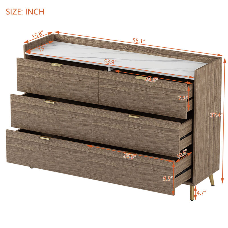55" Long 6 Drawer Dresser with Marbling Worktop, Mordern Storage Cabinet with Metal Leg and Handle for Bedroom, Walnut