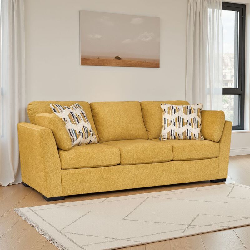Viena Sofa, 2 Accent Throw Pillows, Soft Yellow Faux Velvet 92 Inch image number 1