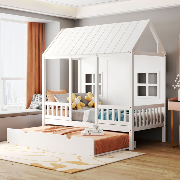 Merax Twin Size Wooden House Bed with Trundle