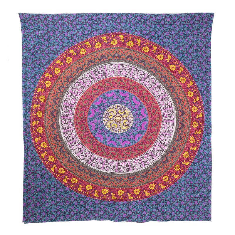 HomeRoots 92" X 84" Blue Red And Yellow Mandala Cotton Hanging Tapestry image number 0