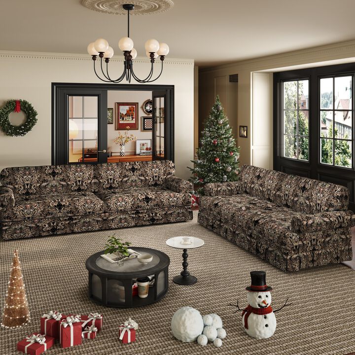 Whisen Mid-Century Sofa, Oxford Fabric Cloud Couch with Elegant Rolled Arms and Pleated Skirt Design