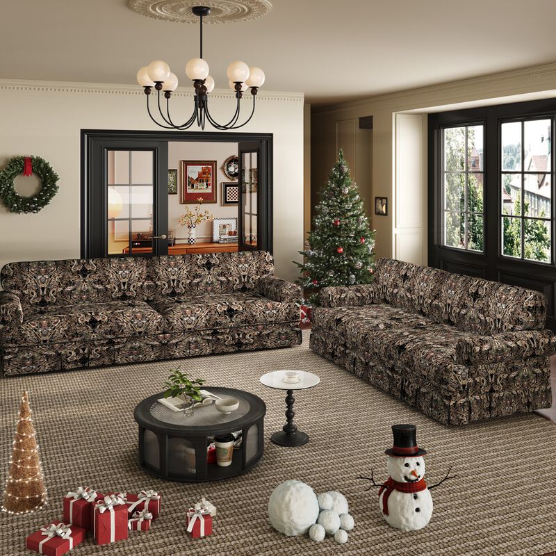 Whisen Mid-Century Sofa, Oxford Fabric Cloud Couch with Elegant Rolled Arms and Pleated Skirt Design