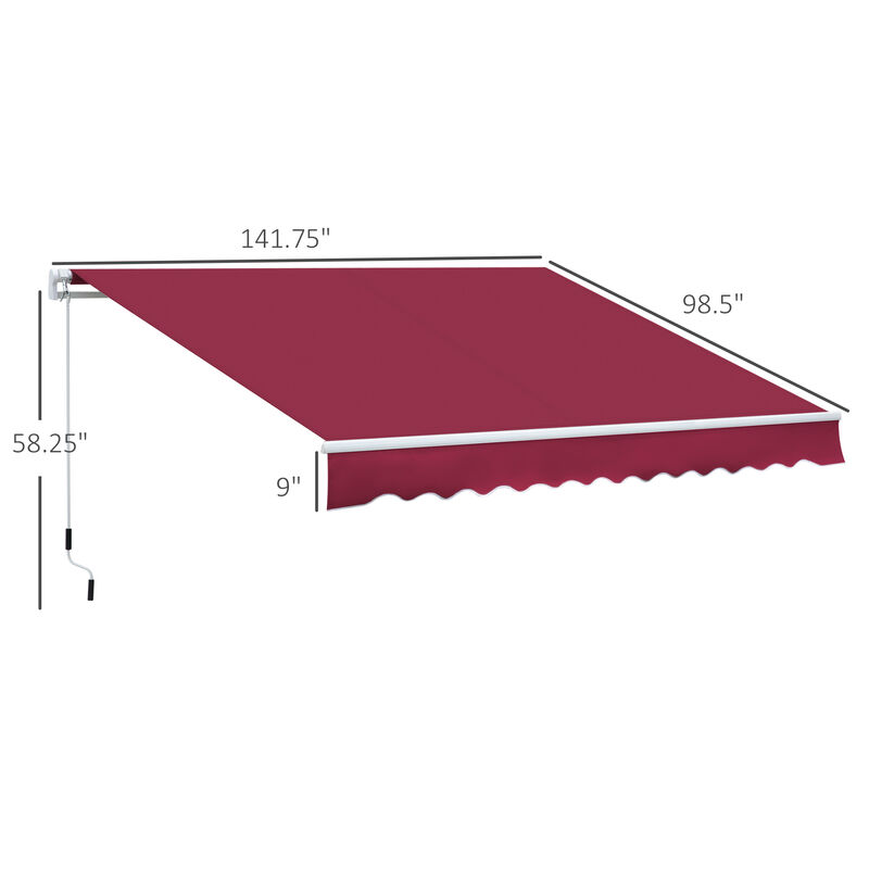 Outsunny 12' x 8' Retractable Awning, Patio Awning Sun Shade Shelter with Manual Crank Handle, 280g/m² UV and Water-Resistant Fabric, Aluminum Frame for Deck, Balcony, Yard, Red