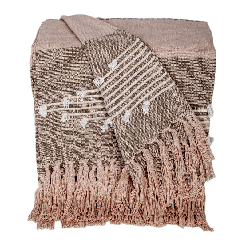 HomeRoots 50" X 60" Brown and Tan Woven Cotton Striped Throw Blanket with Fringe and Embroidery image number 0
