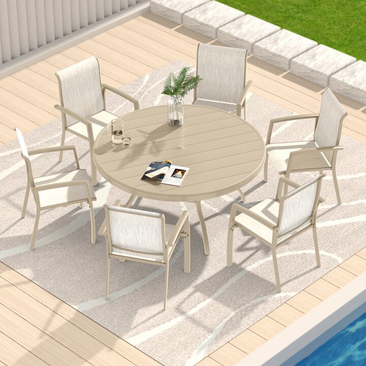 52.95" Outdoor Round Patio Dining Table for 6-7 People, All Weather Metal Dining Table with Umbrella Hole