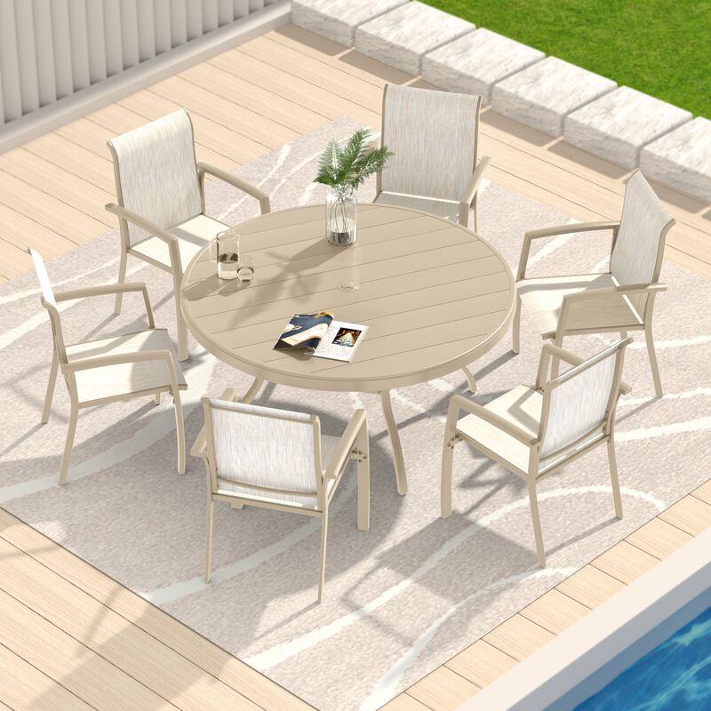 52.95" Outdoor Round Patio Dining Table for 6-7 People, All Weather Metal Dining Table with Umbrella Hole image number 1
