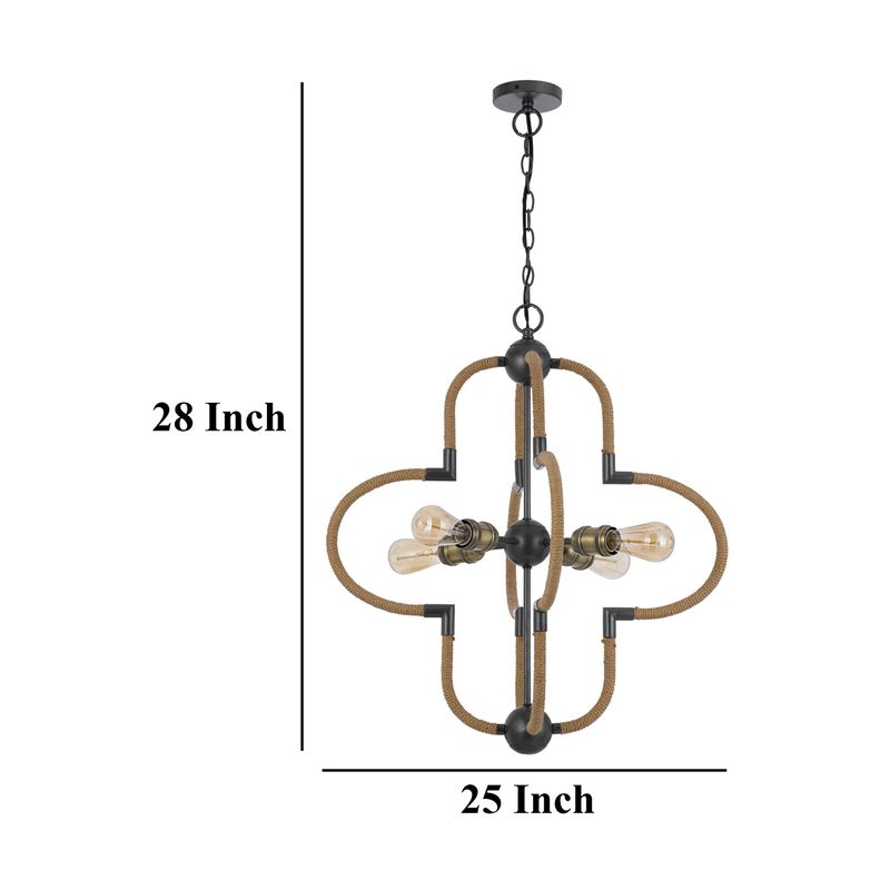Gemo 25 Inch Chandelier, Crossed Clover Design, Brass Black Metal - Benzara