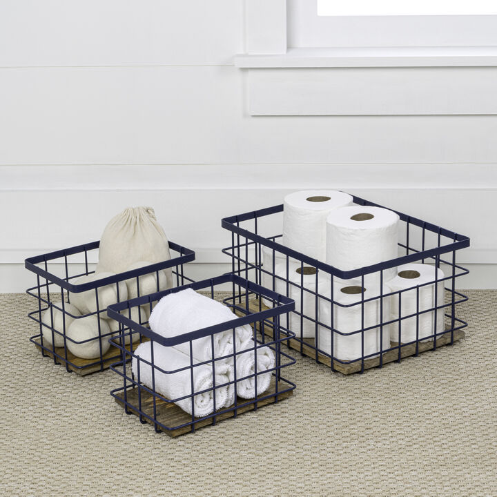 Evvie Vintage Farmhouse Handmade Wire Metal Nesting Storage Baskets with Wood Base