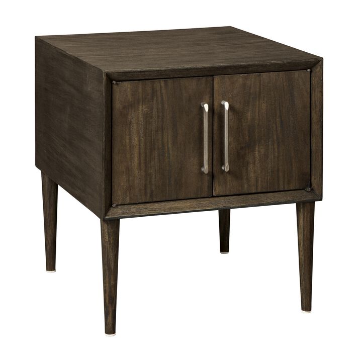 Square Wooden Frame End Table with Tapered Legs and Metal pulls, Brown-Benzara