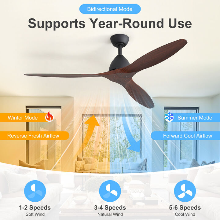 Breezary 56" Ceiling Fan No Light, 3 Blade, 6 Speed, Remote Control