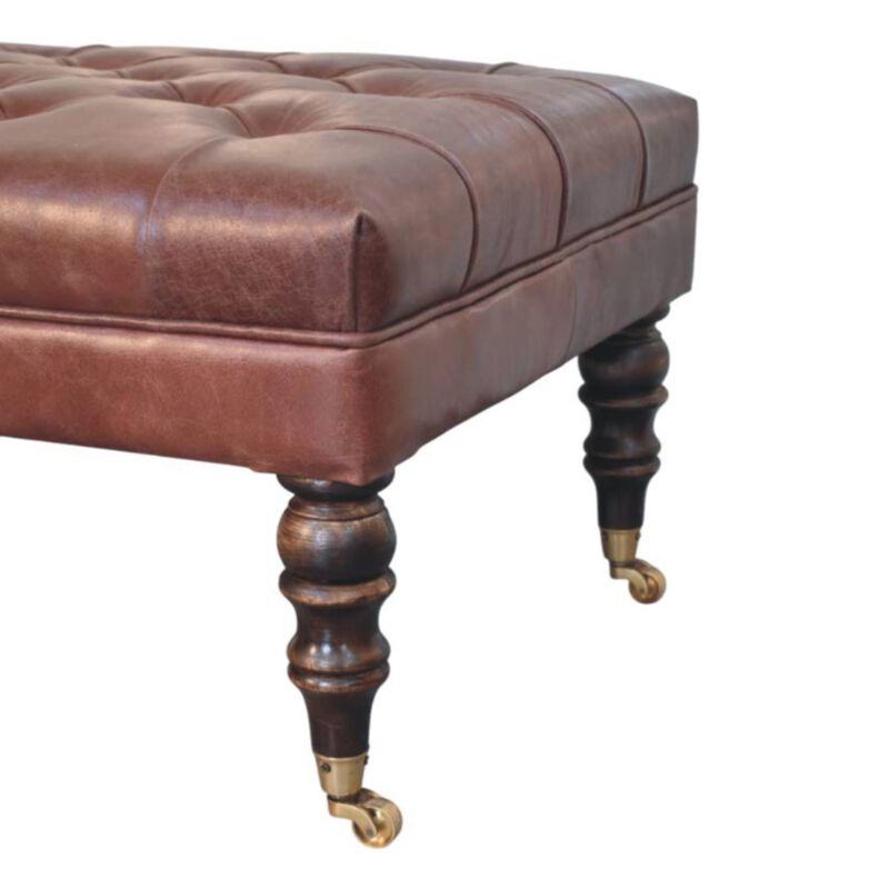 Artisan Furniture Solid Wood Leather Ottoman with Castor Legs