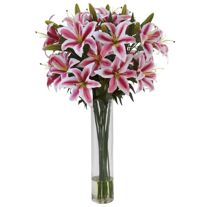 Nearly Natural Rubrum Lily w/Large Cylinder Arrangement