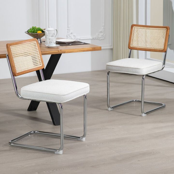 Glamour Home Set of 2 White Boucle Fabric Dining Chair Rattan Backrest and Chrome Legs