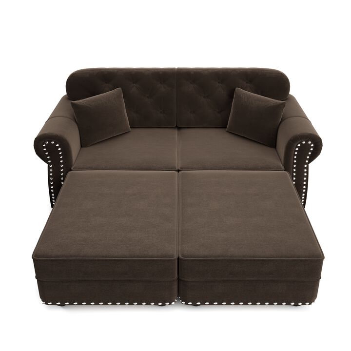 Whisen 2 Seat Velvet Upholstered Sofa with 2 Ottomans, Nailhead Trim, Mid-Century Modern, for Living Room