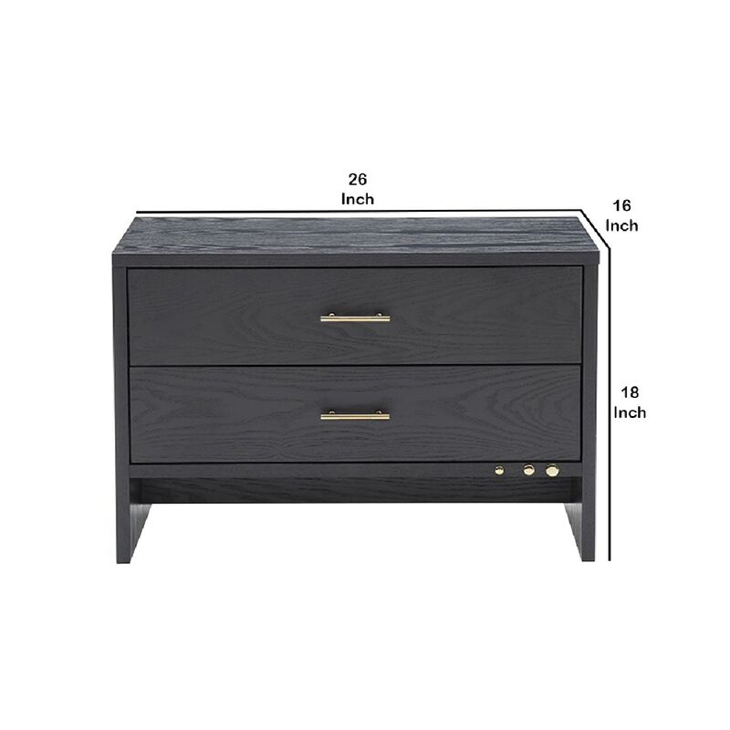 2 Drawer Wooden Nightstand with Brass Handles and Accents, Gray-Benzara