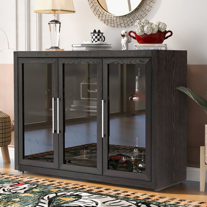 Wood Storage Cabinet with Three Tempered Glass Doors and Adjustable Shelf,Suitable for Living Room