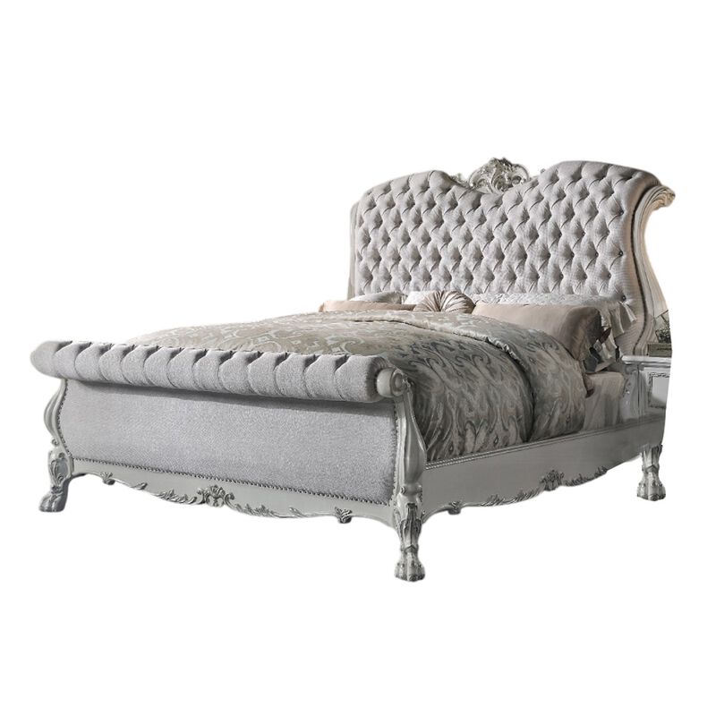 Ally Queen Bed, Classic Crown Trim, Faux Leather Upholstery, White - Benzara
