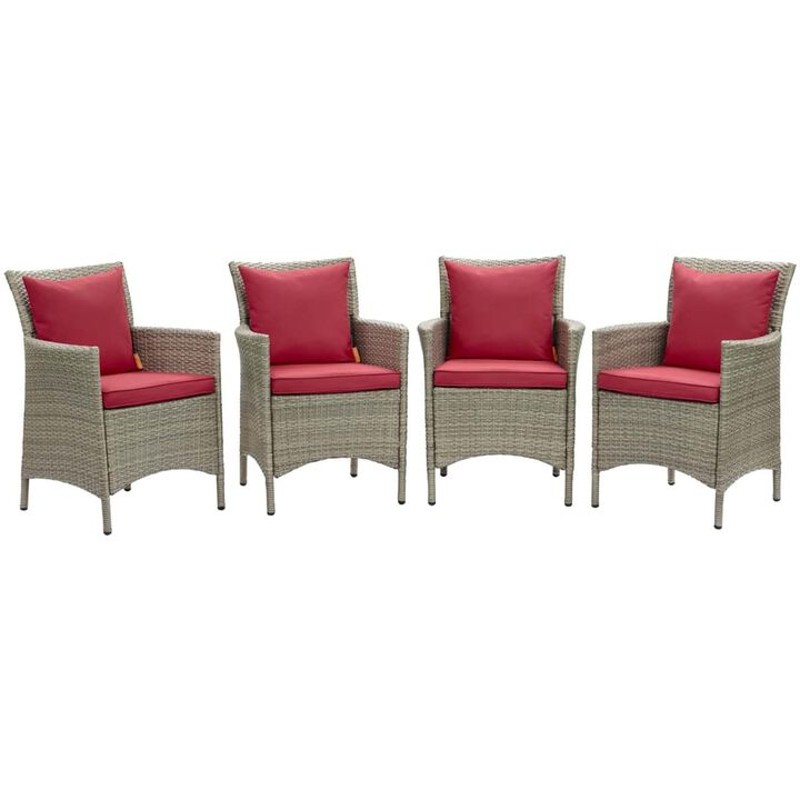 Modway EEI-4028-LGR-RED Conduit Outdoor Patio Wicker Rattan Dining Armchair Set of 4, Light Gray Red
