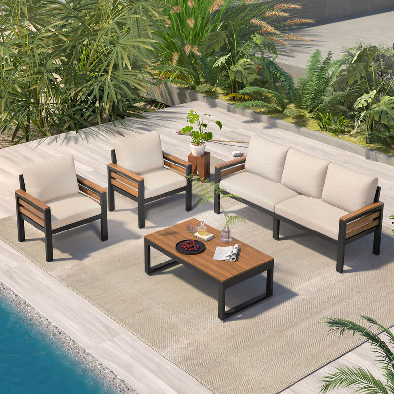 Whisen 4-Piece Outdoor Furniture Sofa Set, Patio Conversation Set with Removable Cushion and Solid Wood Coffee Table image number 7