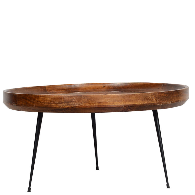 Round Mango Wood Coffee Table With Splayed Metal Legs, Brown and Black-Benzara