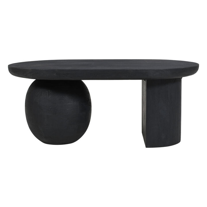 Uri 38 Inch Oval Coffee Table, Mango Wood Full and Half Spherical Leg, Sandblasted Black