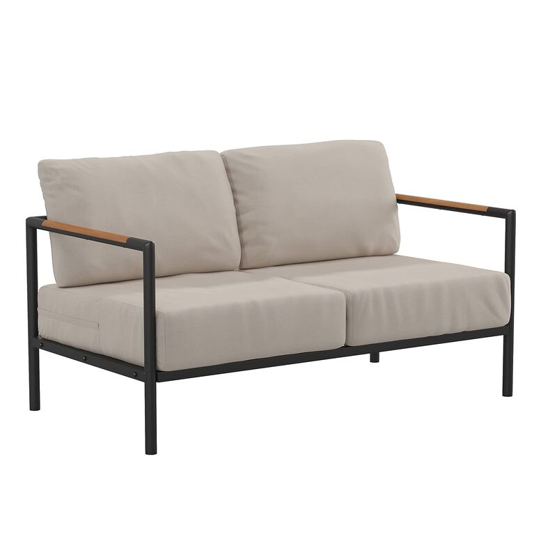 Flash Furniture Lea Indoor/Outdoor Patio Loveseat with Cushions-Modern Aluminum Framed Loveseat with Teak Accent Arms, Black with Beige Cushions
