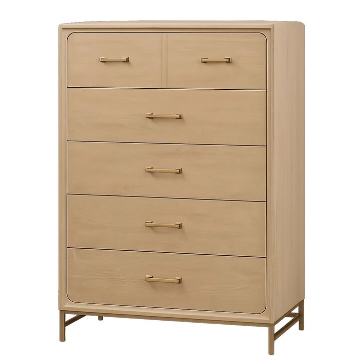 Rozie Tall Dresser Chest with 5 Drawers, Light Oak Brown Solid Wood