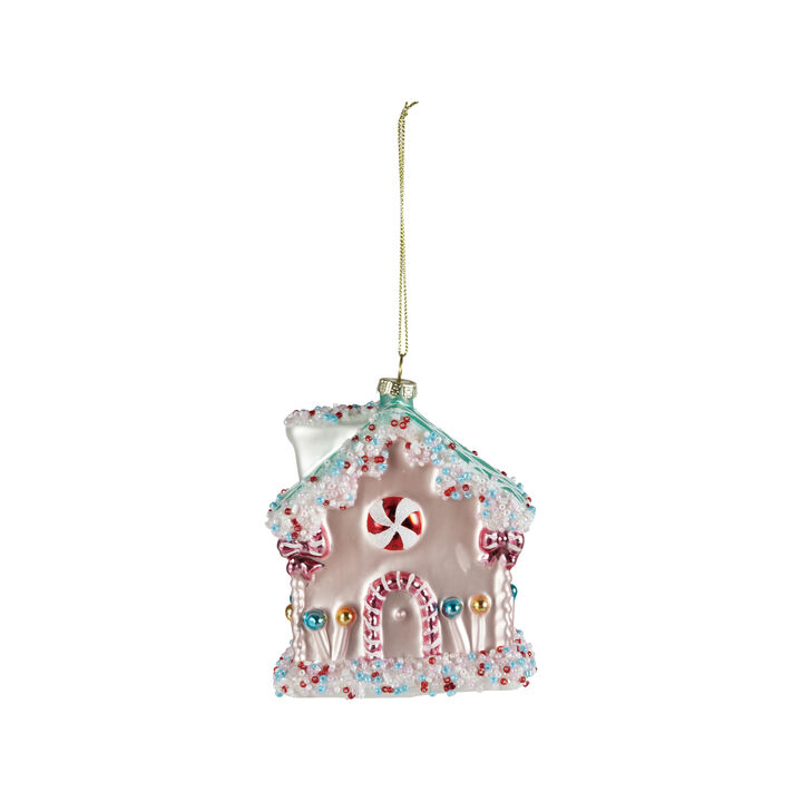 Glass Candy House Ornament with Glitter and Beaded Detail, Multicolor
