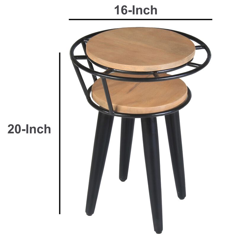 20 Inch Handcrafted Industrial End Table, 2 Tier Round Wood Shelves, Metal Frame, Oak Brown and Black-Benzara