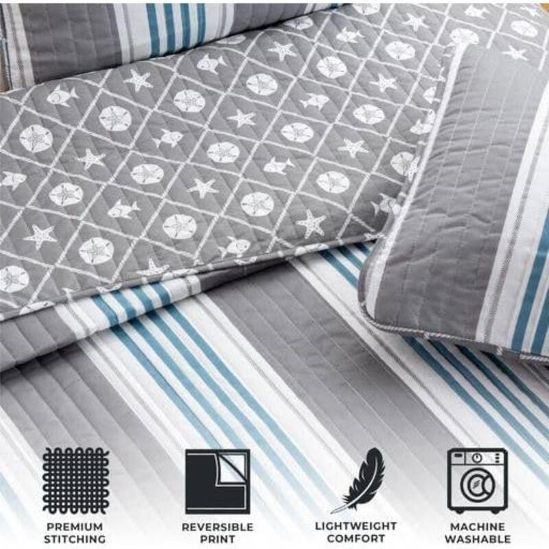 Hivvago King 3 Piece Coastal Starfish Sand Dollar Grey Blue White Nautical Quilt Set