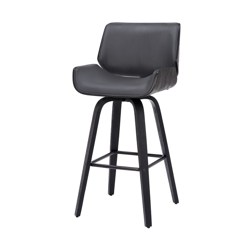 Hivvago 30 Inch Gray and Black Faux Leather and Iron Bar Height Swivel Bar Chair
