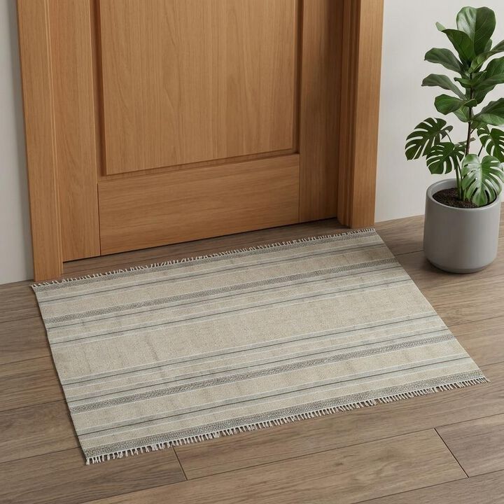 HomeRoots Striped Flatweave Handmade Distressed Area Rug With Fringe