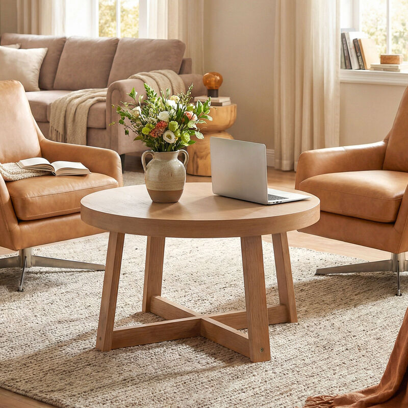 30" Natural Round Coffee Table with Sturdy Rubber Wood Legs, Farmhouse Style image number 1