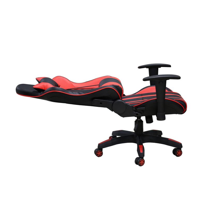 22 Inch Office Gaming Chair, Red, Black Faux Leather with Back Pillows-Benzara