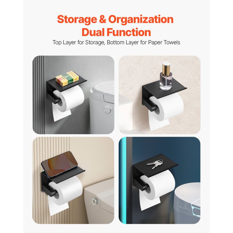 Wall Mounted Toilet Paper Holder with Storage Shelf, Fits Mega Rolls, Stainless Steel, Matte-Matte Black image number 4