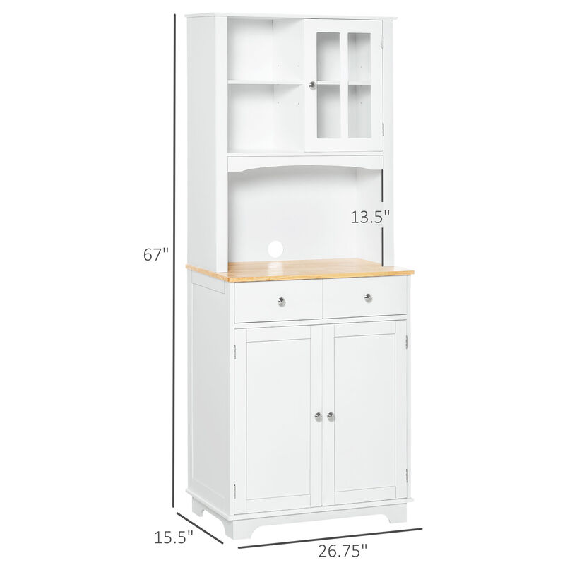 HOMCOM Freestanding 67" Kitchen Buffet with Hutch, Pantry Cabinet with Microwave Stand, Adjustable Shelf, 2 Drawers, Cupboard, White