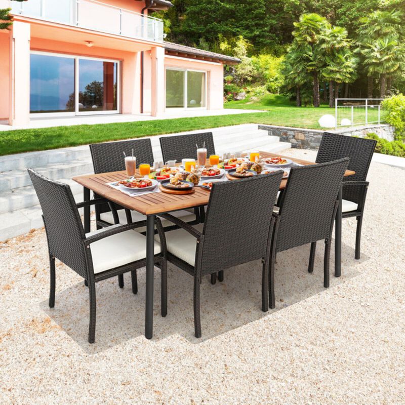 Mondawe 7Pcs Outdoor Dining Set,Acacia Wood Table With 1.9"Umbrella Hole & 6 Cushioned Wicker Chairs