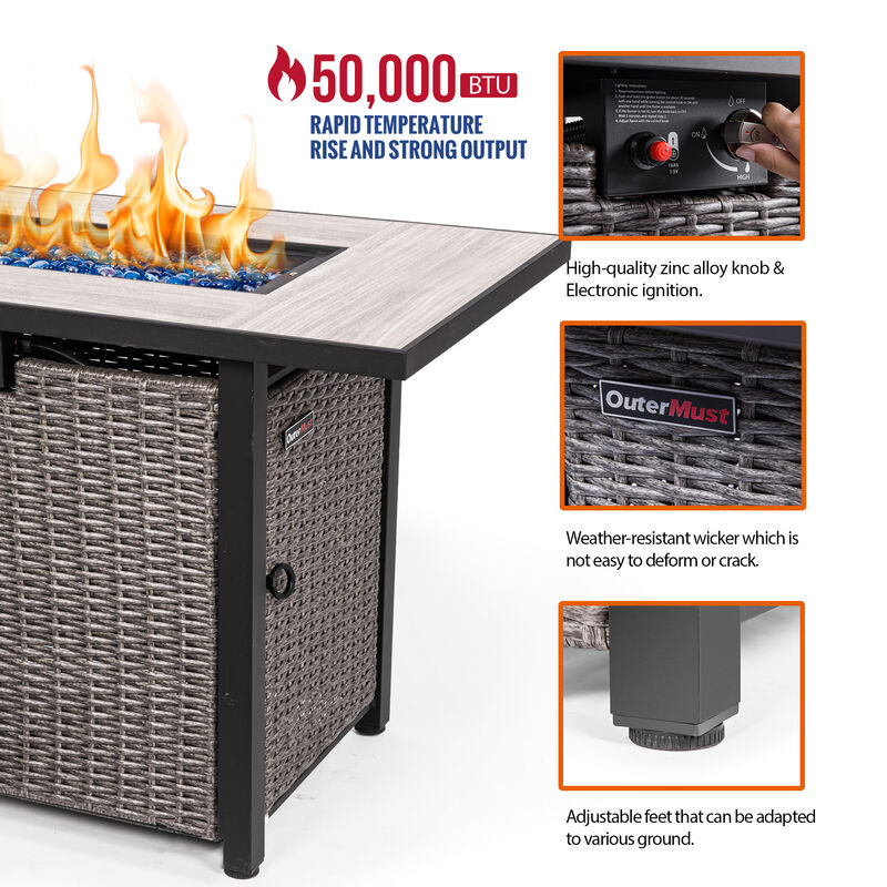OuterMust 42 Inch Propane Fire Pit Table, 50,000 BTU Hand-Woven Rattan Outdoor Fire Pit with Lid & Blue Glass Bead