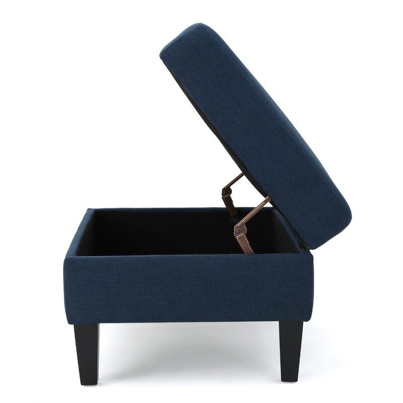 Voil Storage Ottoman, 28 Inch, Navy Blue Fabric, Tapered Wood Legs