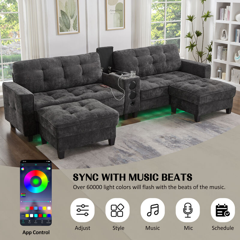 Merax Multifunctional Sectional Sofa with RGB LED Lights & Bluetooth Speakers - Chenille Fabric image number 5