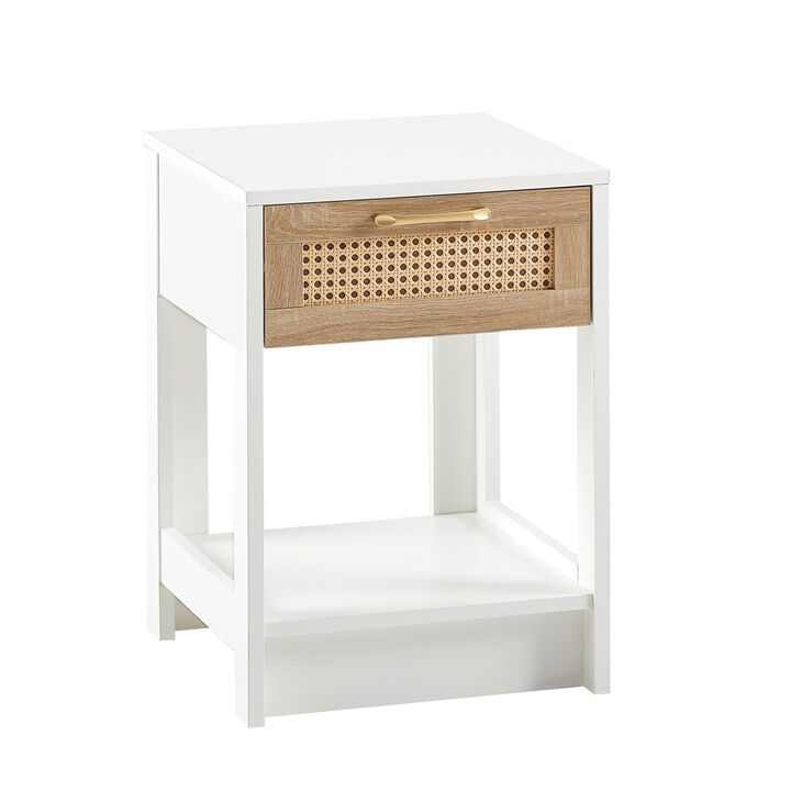 15.75" Rattan End table with drawer, Modern nightstand, side table for living roon, bedroom,white