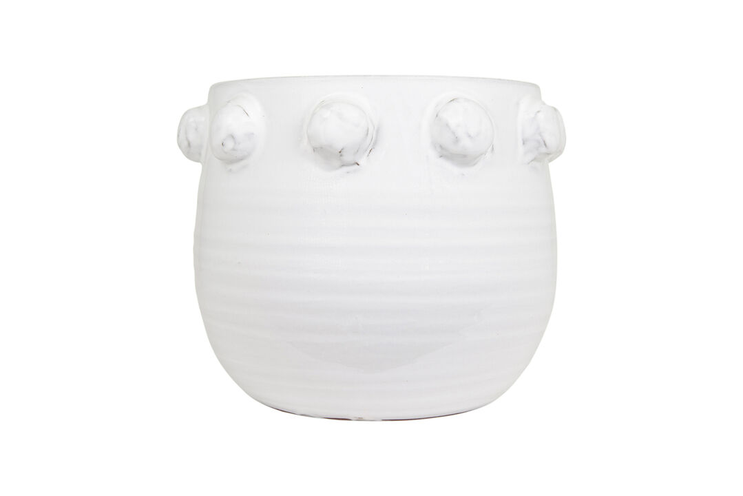 Round Terra-cotta Planter with Raised Dots Design, White