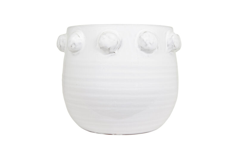 Round Terra-cotta Planter with Raised Dots Design, White image number 0