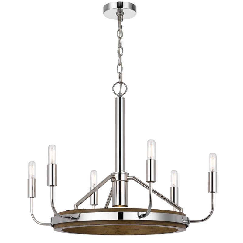 6-Light Candelabra Chandelier with LED, Chrome and Oak Wood, 26 Inch image number 2