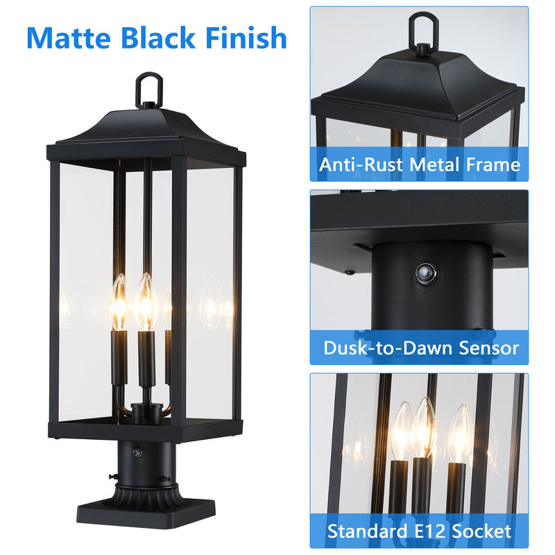 24 in.  Modern Farmhouse3-Light Black Dimmable Outdoor Post Light image number 3