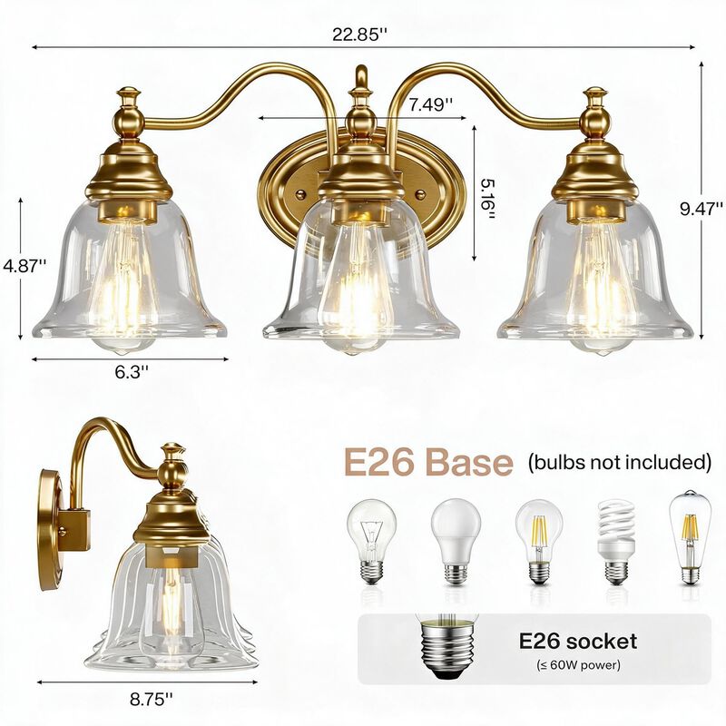 Gold Bathroom Vanity Light, Three-Light Clear Glass Bell Shades image number 2