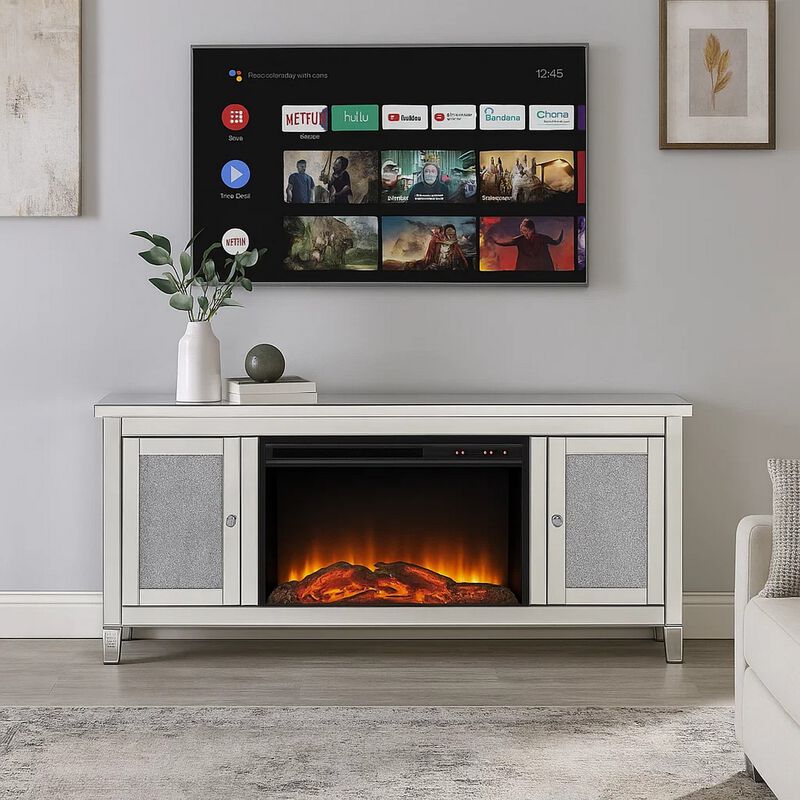 TV Stand with Electric Fireplace and Mirror Panel Framing, Silver