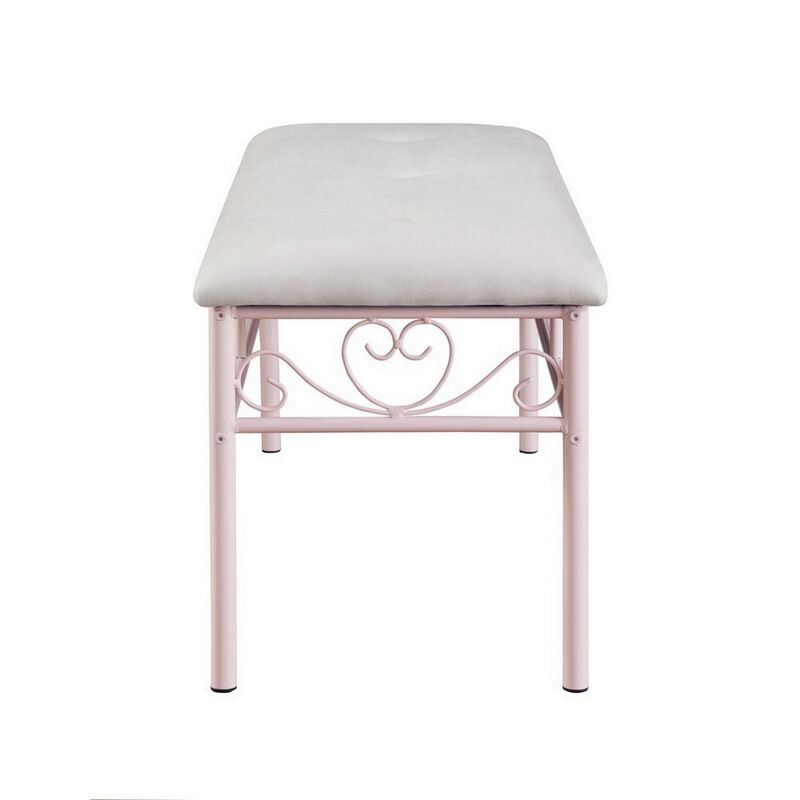 Metal Bench with Padded Seating and Scrolled Accents, Pink and Gray-Benzara