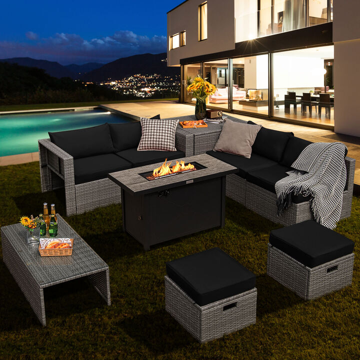 Propane Fire Pit Table with 9-Piece Wicker Patio Seating Set – Cushions & Cover Included
